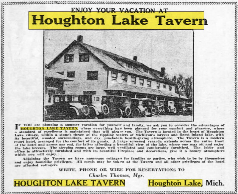 Houghton Lake Hotel (Houghton Lake Tavern, Heards Hotel) - Jul 3 1928 Ad (newer photo)